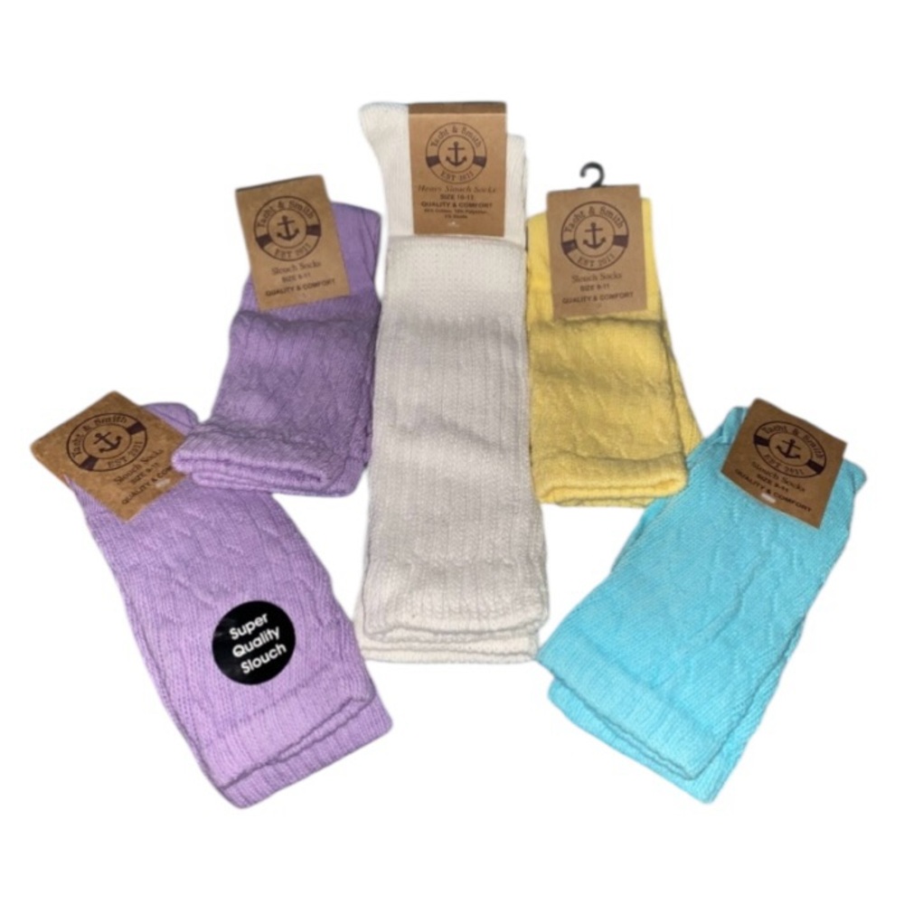 Yacht & Smith Slouch Socks 5 Pairs NWT Purple Yellow Blue + White Heavy Slouch